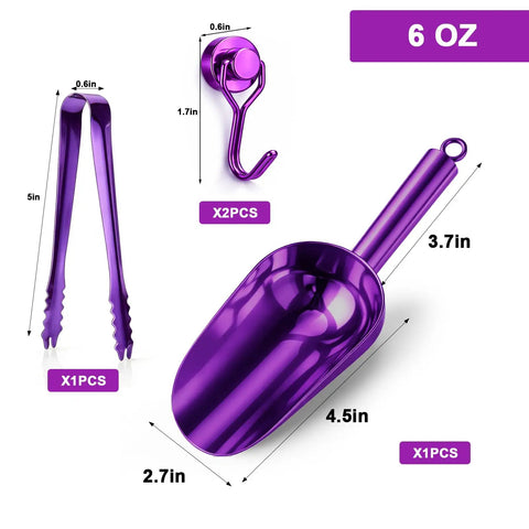 Heavy Duty Ice Scoop For Freezer With Magnetic Hook And Ice Tongs Made From Premium 304 Stainless Steel, purple, 6 oz size