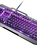Sick RGB Backlit Mechanical Gaming Keyboard With Badass Ergonomic Form Factor And Adjustable Angle Stand showing purple lighting and metal chassis.