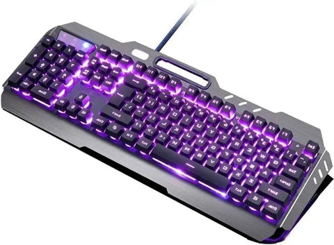 Sick RGB Backlit Mechanical Gaming Keyboard With Badass Ergonomic Form Factor And Adjustable Angle Stand showing purple lighting and metal chassis.