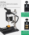 Portable Benchtop Drill Press With Cnc 775 Motor And Flexible Shaft showing mini drill press clamping irregular objects like squares and circles.