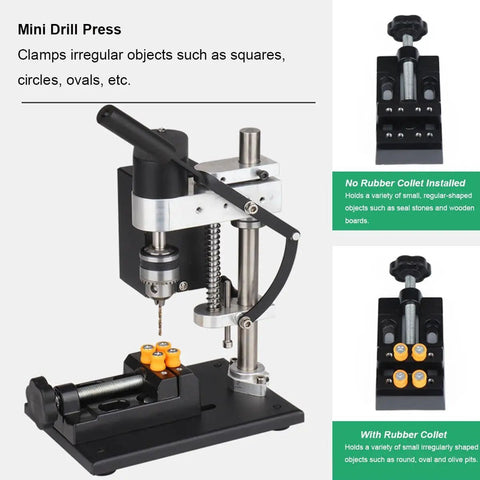 Portable Benchtop Drill Press With Cnc 775 Motor And Flexible Shaft showing mini drill press clamping irregular objects like squares and circles.