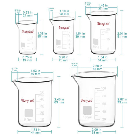 Graduated Borosilicate Glass Beaker Set In Five Sizes 5 Ml, 10 Ml, 25 Ml, 50 Ml, And 100 Ml For Lab Or Home Chemistry Gear, Perfect For Quick Mixing, Transferring, And Measuring, The Ultimate Combo Pack.