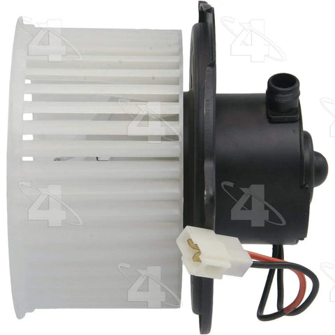 Top Shelf AC Blower Motor With Fan Wheel Plug And Play Auto Heating And Cooling System Replacement side view showing fan wheel and motor.
