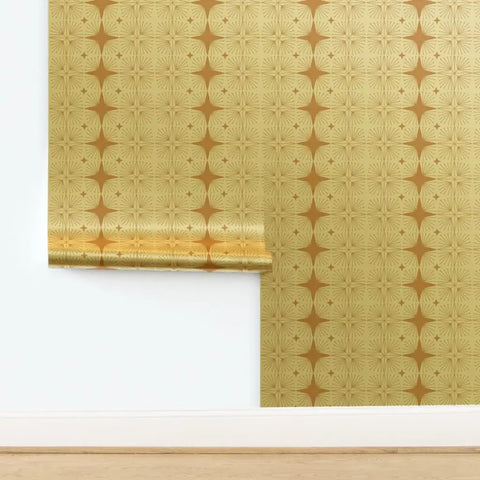 Premium Modern Brown Geometric Gold Metallic Wallpaper With A Hella Chic Fibrous Texture And Fire Resistant Eco Finish For Top Tier Indoor Home Decor Refresh, showing a roll and full design.