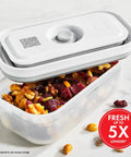 Fresh And Save Handheld Vacuum Sealer Kit with 3-piece BPA-free food storage container filled with nuts and berries.