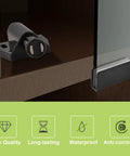 Black Frameless Glass Door Magnetic Catch Latch Set 4 Pack with 5-8mm clamp installed on a cabinet door close-up.