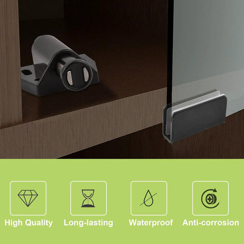 Black Frameless Glass Door Magnetic Catch Latch Set 4 Pack with 5-8mm clamp installed on a cabinet door close-up.
