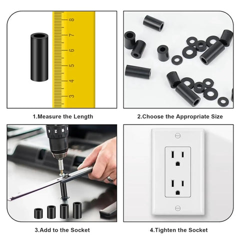 Nylon Spacers And Washers Assortment Kit With 1725 Pieces For Electrical Installations Including 345 Outlet Screws M3 And M4 Black Round Spacers, size guide and outlet install