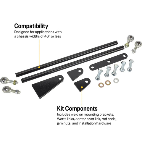 Watts Link Kit For Rear Suspension, Adjustable Weld On Design, Delivers Precise Axle Control And Superior Lateral Stability, Compatible With Parallel Link Systems Using Coil Springs Or Coil Over Shocks, Built For Performance. kit parts laid out