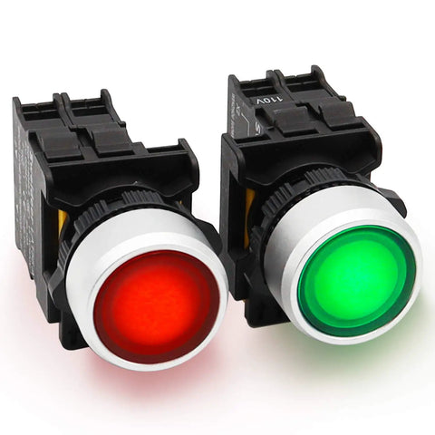 Two Pack Dual Color Red Green LED Push Button Switch 110 To 220 Volt Waterproof IP65 22mm Panel Mount for control panels and DIY projects