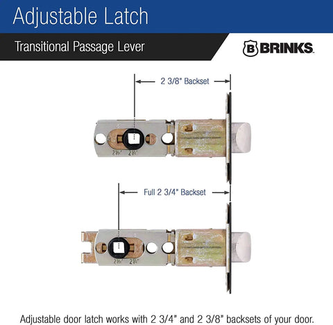 Adjustable latch for 6 Pack Matte Black Transitional Indoor Passage Wave Door Levers For Hall And Closet Non Locking Interior Door Handles Reversible Modern Home Upgrade Durable Metal Construction showing backset measurements.