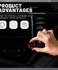 Person installing aluminum alloy climate control knob cover on car dashboard, labeled 'Advantages' with icons.