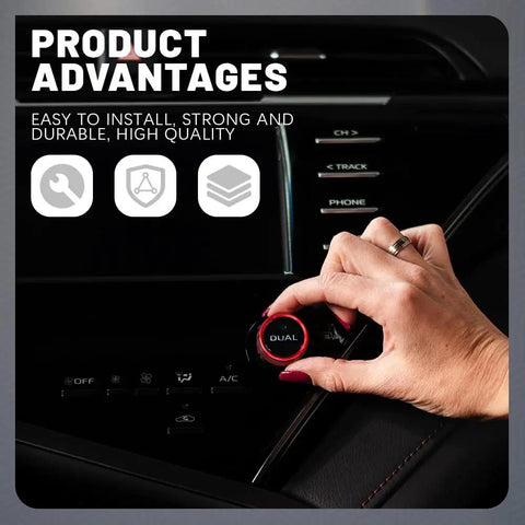 Person installing aluminum alloy climate control knob cover on car dashboard, labeled 'Advantages' with icons.
