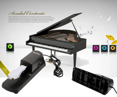 Universal Sustain Pedal For Yamaha Casio MIDI Roland Digital Keyboards And Pianos With Polarity Switch Six Foot Cable And Quarter Inch Jack next to a digital piano