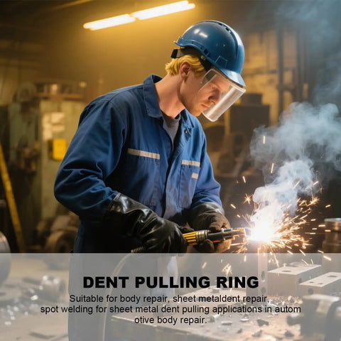 Technician using All In One Pro Car Dent Puller Ring Kit 100 Pcs in a workshop for auto body repair and welding