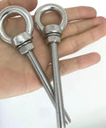 Heavy Duty Stainless Steel Eye Bolts 2 Pack M8 Shoulder Eyebolt Set With Washers And Nuts, 4.5 Inch Overall Length, close-up view.