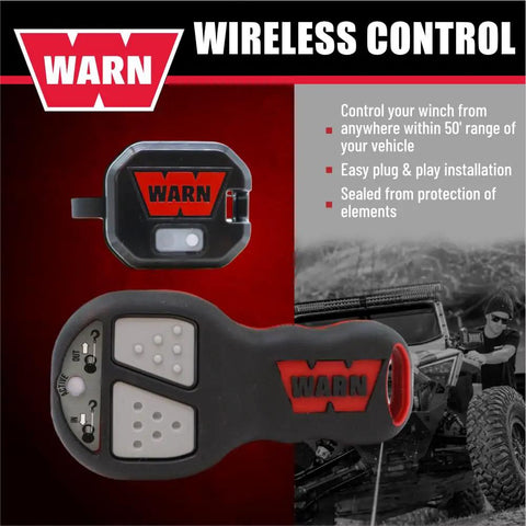 Warn Wireless Remote Winch Control System For Trucks And SUVs With Transmitter And Receiver, rugged design, in use.