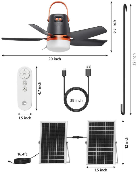 20 Inch Portable Ceiling Fan With Solar Charging And 20000 Mah Battery Includes Wireless Remote with solar panel and remote.