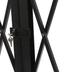 Close-up of the locking mechanism on Heavy Duty Folding Security Gate Lock It Down And Keep Your Spot Safe With This 63 Inch Tall By 118 Inch Wide Black Metal Wall Mount Gate Featuring Diamond Grille And Padlock Loop For Garage Shop.