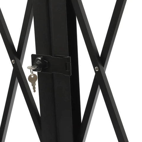Close-up of the locking mechanism on Heavy Duty Folding Security Gate Lock It Down And Keep Your Spot Safe With This 63 Inch Tall By 118 Inch Wide Black Metal Wall Mount Gate Featuring Diamond Grille And Padlock Loop For Garage Shop.