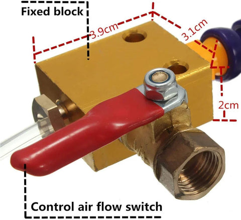 ChgImposs mist coolant lubrication unit with red lever, brass block, and threaded hose fitting for CNC lathes and mills
