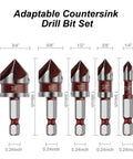 Front view: 5-piece Countersink Drill Bit Set, HSS 82°, 1/4 in hex shanks, sizes 3/4, 5/8, 1/2, 3/8, 1/4 in