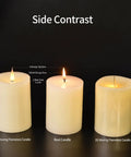 Flameless Pillar Candles Set Of 3 With Remote And Timer, Battery Operated LED Candles With Real Wax Look, Side contrast with real candle