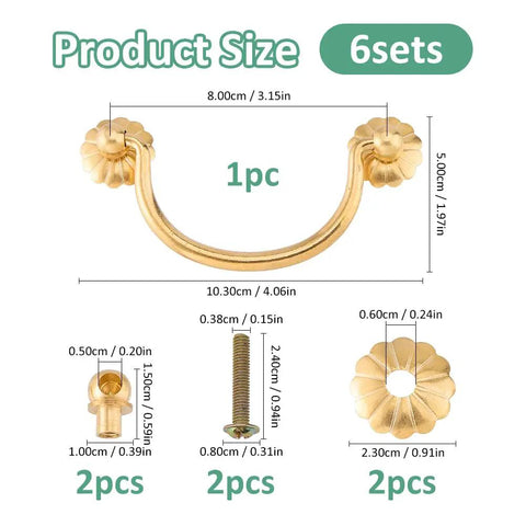 Diagram showing dimensions of Six Pack Traditional Bail Cabinet Hardware In Vintage Gold With Old School Vibe 80mm Center Hole Pulls.