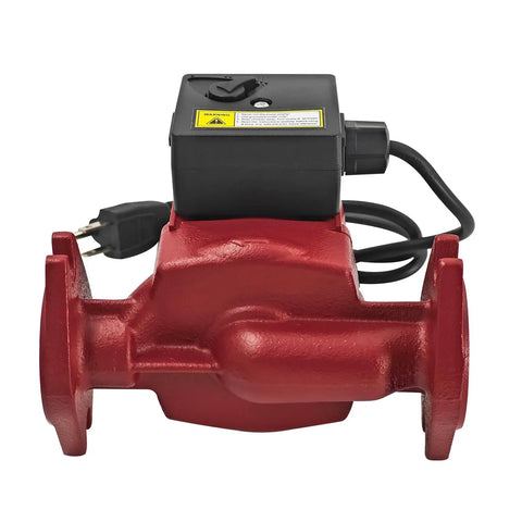 Heavy Duty 115V Three Speed Circulator Pump Replacement For Commercial Heating Featuring 17 GPM Flow Rated For Fast Bolt On Setup With Quiet Motor Action That Delivers Dependable Warmth And Serious Hard Cash Savings, red casing with electrical components.