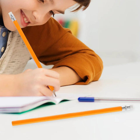 Child using pencil with yellow wood and white eraser head for construction, engineering, woodworking, drafting school, and office use.