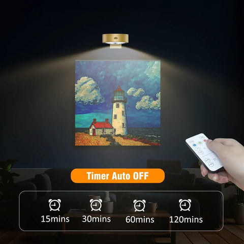Three Pack Wireless Battery Operated Picture Lights With Remote And Timer For Art Frames illuminating a lighthouse painting.