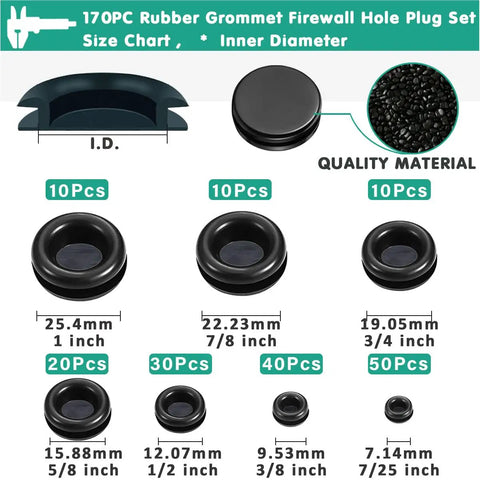 Rubber Grommet Kit 170 Pack Black Assorted 7 Sizes For Cable Holes Electrical Plumbing Automotive Boat And Home Improvement Cord Wire Pipe Organization Weather Resistant Durable Flex For Rugged DIY Projects