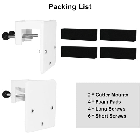 Packing list for Heavy Duty Gutter Mount Bracket For Security Cameras No Drill Install White Metal Holder Fits SoloCam S340