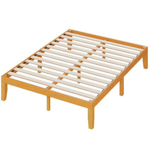 Built Tough Queen Size Platform Bed Frame In Real Natural Pine Wood With Thick Wooden Slats For Zero Wobble Support Never Requires A Box Spring And Flawless Setup For Your Bedroom Space, showcasing thick wooden slats.