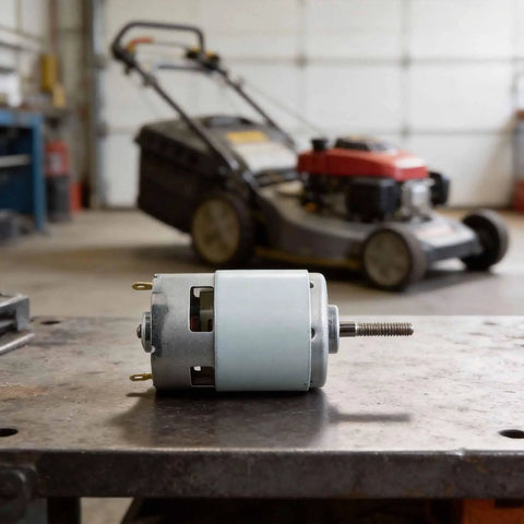 High Torque 21V DC Motor 120W For Power Tools Hand Drills And Lawn Mowers With Ball Bearings on workbench, lawn mower blurred in background.