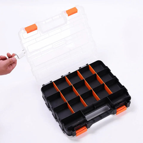 Heavy Duty Parts Storage Box With Removable Grid Compartments For Easy Tool Organization, open and showing grid compartments