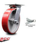 Heavy Duty Polyurethane On Cast Iron Swivel Caster With Bolt Lock And Free Bearings 8 Inch Red Wheel for smooth operations.