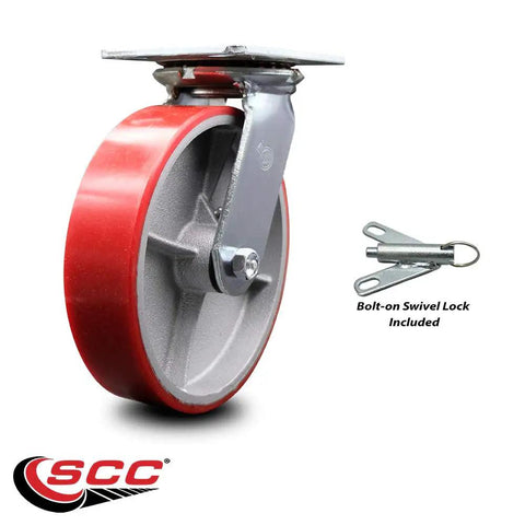 Heavy Duty Polyurethane On Cast Iron Swivel Caster With Bolt Lock And Free Bearings 8 Inch Red Wheel for smooth operations.