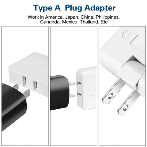 Three Way Rotating Wall Plug Adapter 2 Prong Portable Outlet Splitter Type A For Travel US To Japan Philippines White side view