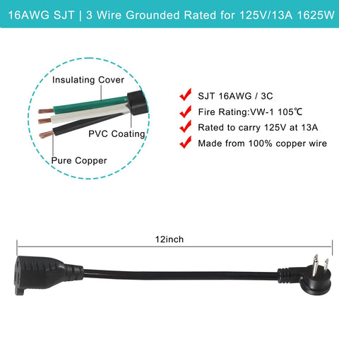 Low Profile 1 Foot Flat Plug Extension Cord With Grounded 3 Prong Indoor SJT 16AWG Heavy Duty Flexible Power Cable Angled Flat Plug