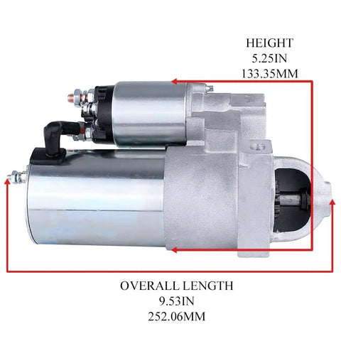 12V Marine Inboard Starter PMGR CW For Mercruiser OMC GM Sterndrive, side view with dimensions, fits 1984-1998 engines
