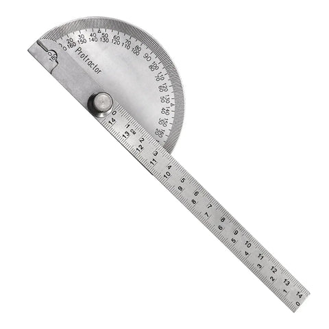 No Fuss Stainless Steel Zero To One Eighty Degree Round Head Protractor And Angle Finder with clear scale and pivot grip.
