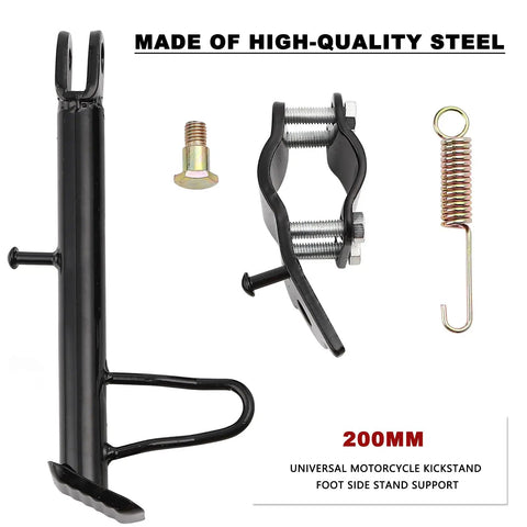 Heavy Duty Iron Kickstand With Mounting Bracket For Dirt Bikes Scooters Mopeds Mini Bikes, components shown.
