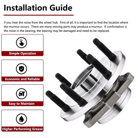 Front Wheel Hub Bearing Assembly For 4WD 6 Lug 515096 Compatible With Chevy Tahoe Silverado 1500 Avalanche Suburban Cadillac Escalade GMC Yukon Sierra With ABS And 2007 Through 2014 Models, showing installation guide and product features.
