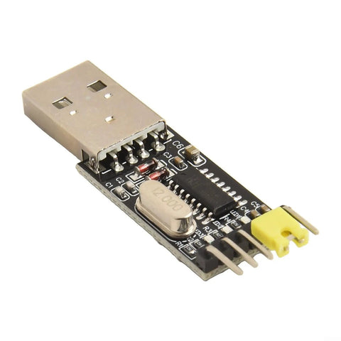 Close-up of USB To TTL Programmer Cable For STC Microcontrollers, showing USB connector and electronic components on board.