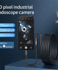 Tough Waterproof Mini Endoscope Camera With Crisp 2MP HD Video Six Bright LED Rings And A Slick Eight Millimeter Probe On A Three Meter Flex Line For No Sweat Smartphone Checks, shown with display phone.
