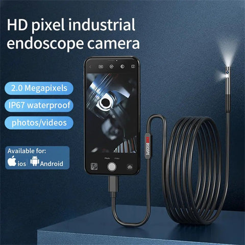 Tough Waterproof Mini Endoscope Camera With Crisp 2MP HD Video Six Bright LED Rings And A Slick Eight Millimeter Probe On A Three Meter Flex Line For No Sweat Smartphone Checks, shown with display phone.