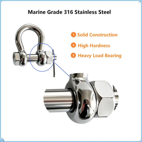 Heavy Duty Marine Grade Bow Shackles Built Tough From 316 Stainless Steel For Real Saltwater Resistance And Hard Core Boat Rigging Gear 3/8 Inch 2 Pack, showing solid construction and lock pin.