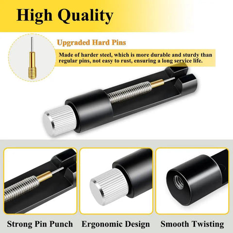 Close-up of All In One Watch Link Repair Kit With Pin Remover And Double Ended Punch Includes Six Extra Pins Twenty Spring Bars Cleaning Cloth And Pro Grade Upgrade Tool For Fast Band Adjustments And Bracelet Repairs, showing strong pin punch with ergonomic design and smooth twisting details.