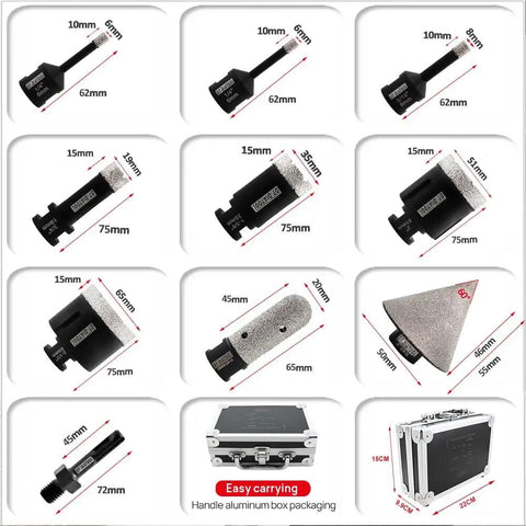 Diamond Tile Hole Saw Kit 10 Pack Pro Grade Core Drill Bits Set For Porcelain Ceramic Tile Marble Granite with storage case